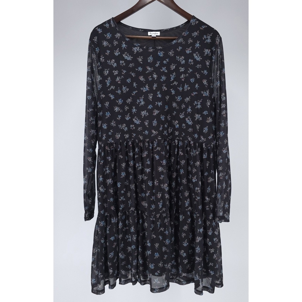 Love Fire Womens 1X Black Blue Floral Chiffon Dress Lined Boho Romantic